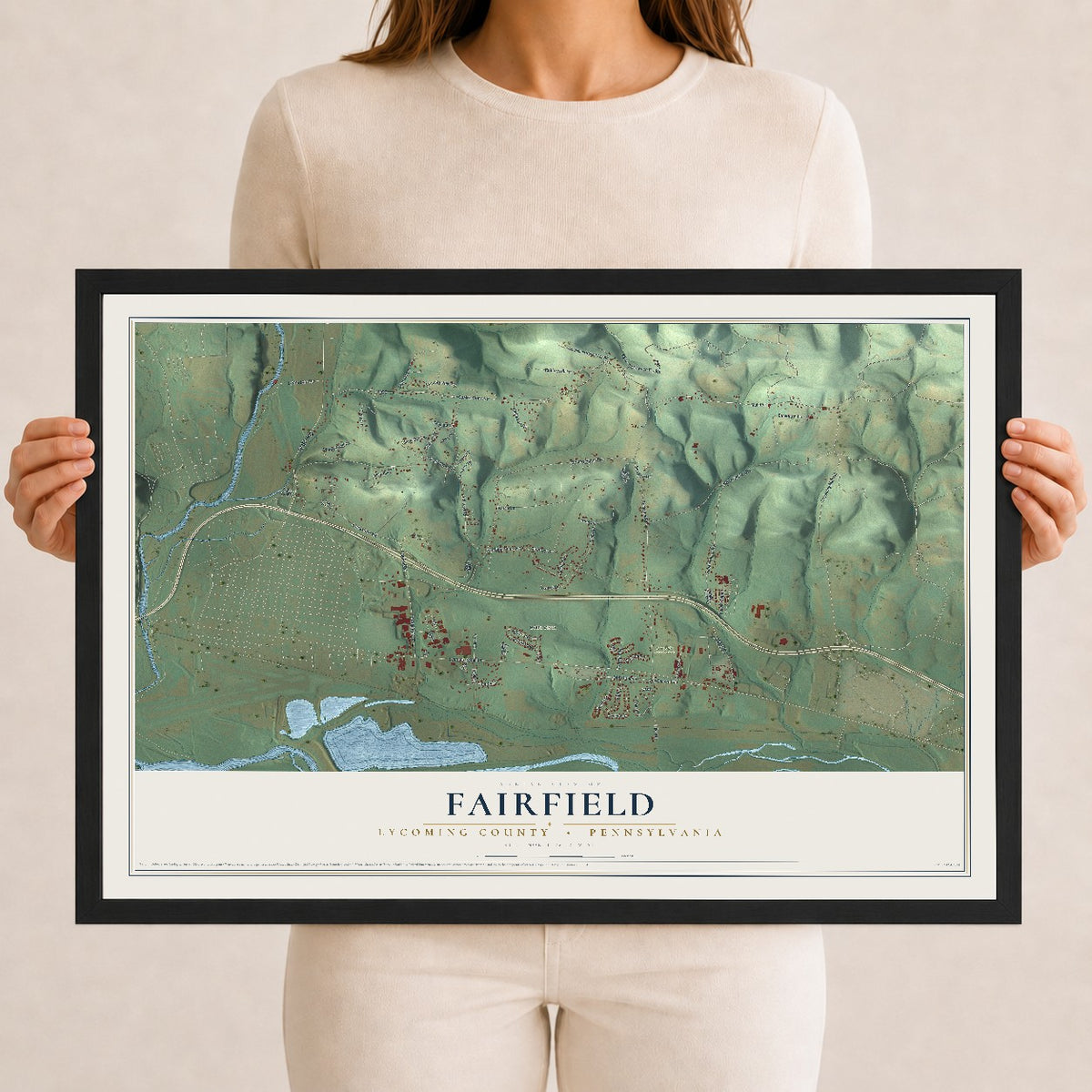 Map of Fairfield, Lycoming County, Pennsylvania, 12 x 18 inch print in a black wood frame