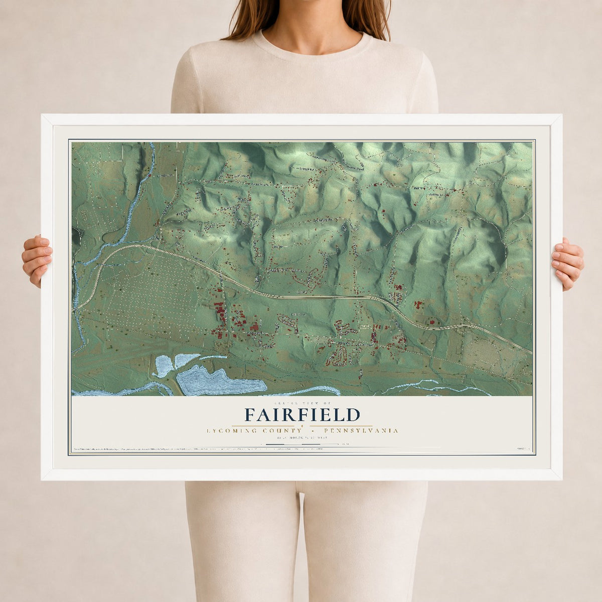 Map of Fairfield, Lycoming County, Pennsylvania, 24 x 36 inch print in a white wood frame