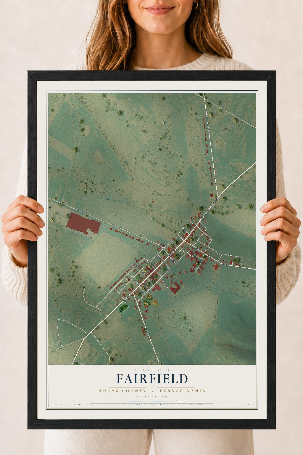 Map of Fairfield, Adams County, Pennsylvania, 18 x 24 inch print in a black wood frame