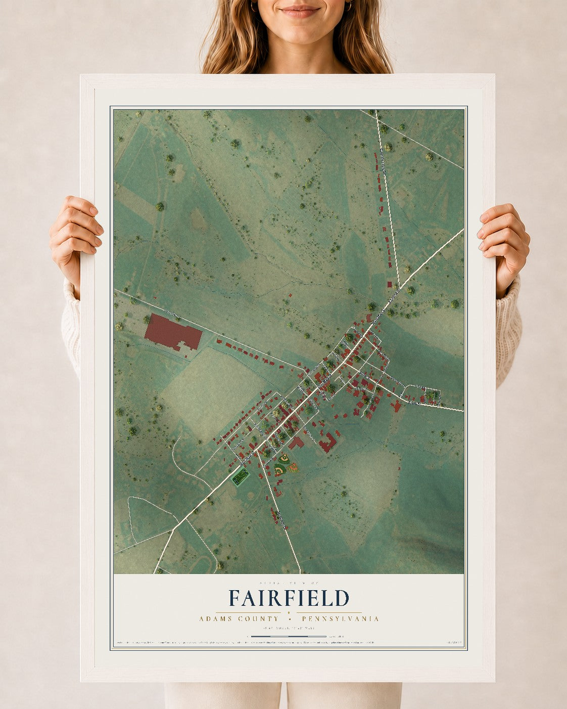 Map of Fairfield, Adams County, Pennsylvania, 24 x 36 inch print in a white wood frame