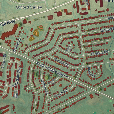 Close-up of the map of Fairless Hills, Pennsylvania print showing street and building detail