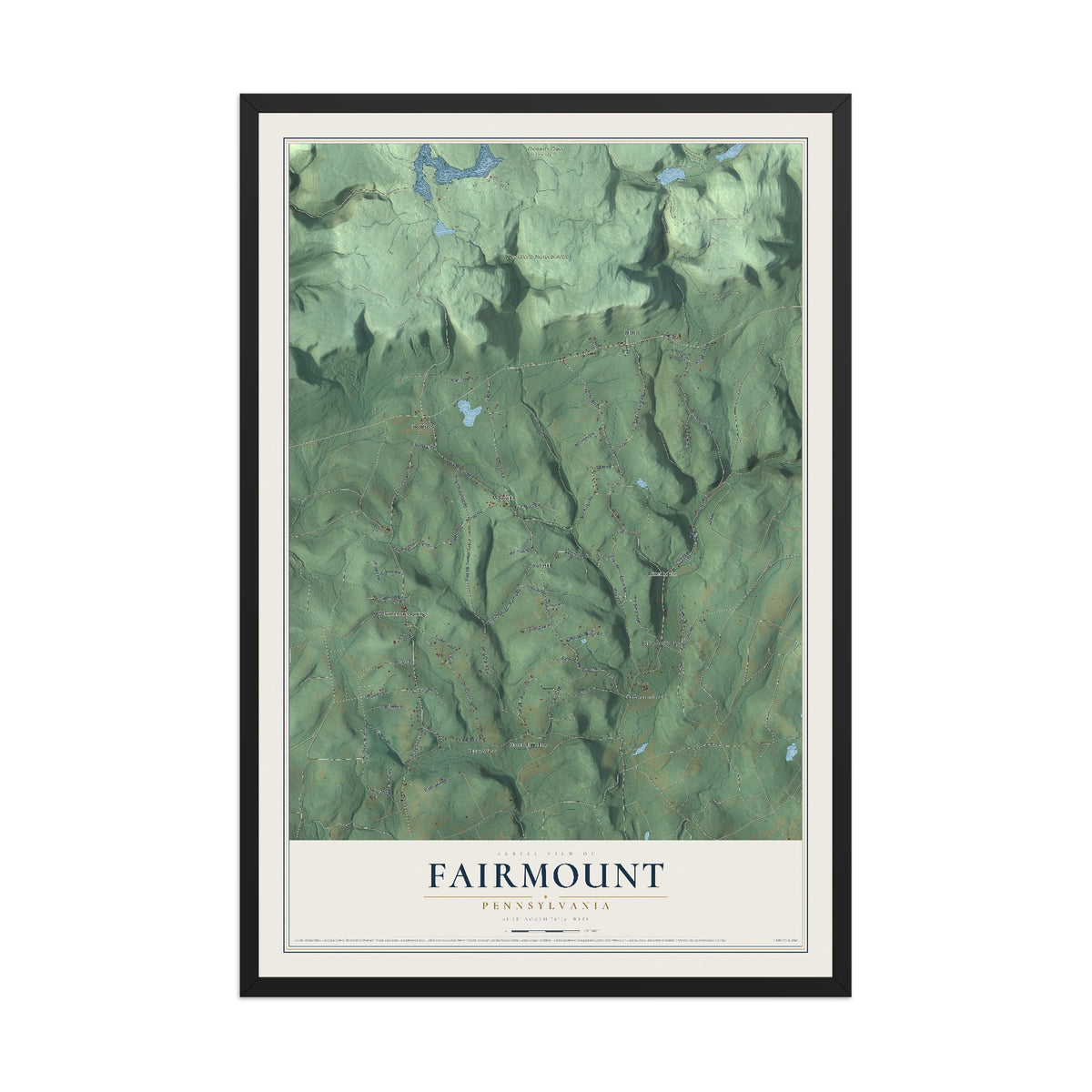 Map of Fairmount, Pennsylvania, 12 x 18 inch print in a black wood frame