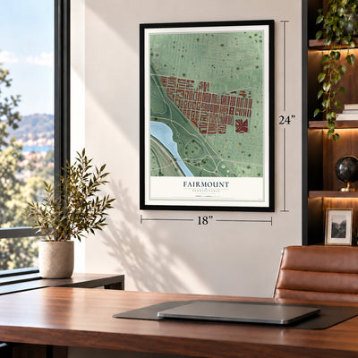 Fairmount, Philadelphia, Pennsylvania map, 18 x 24 inch print in a black frame in a home office
