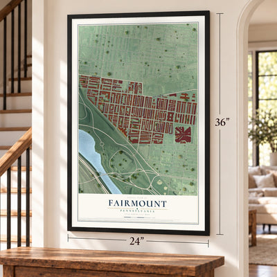 Fairmount, Philadelphia, Pennsylvania map, 24 x 36 inch print in a black frame by a staircase
