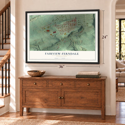 Fairview-Ferndale, Pennsylvania map, 24 x 36 inch print in a black frame above a dresser by a staircase