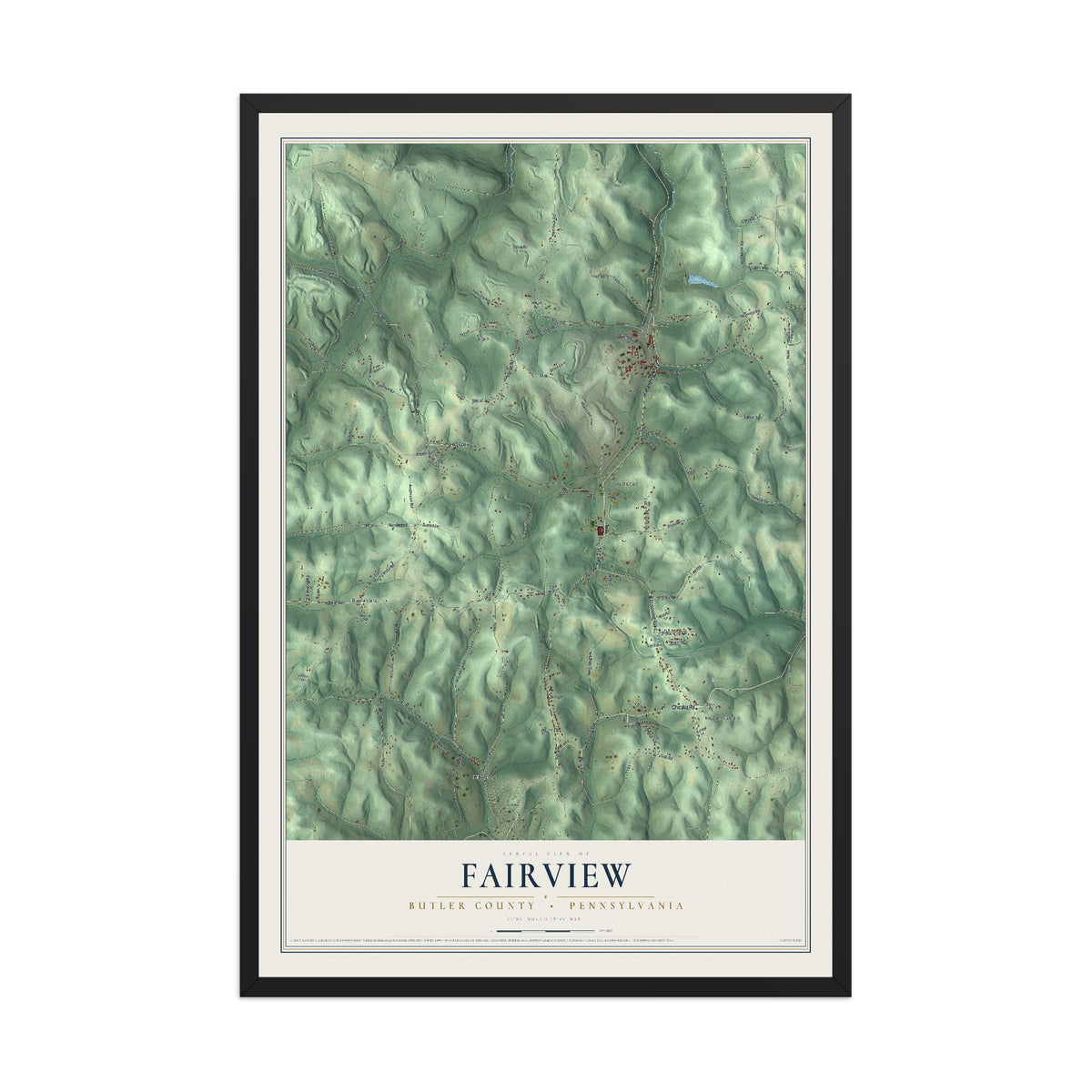 Map of Fairview, Butler County, Pennsylvania, 12 x 18 inch print in a black wood frame