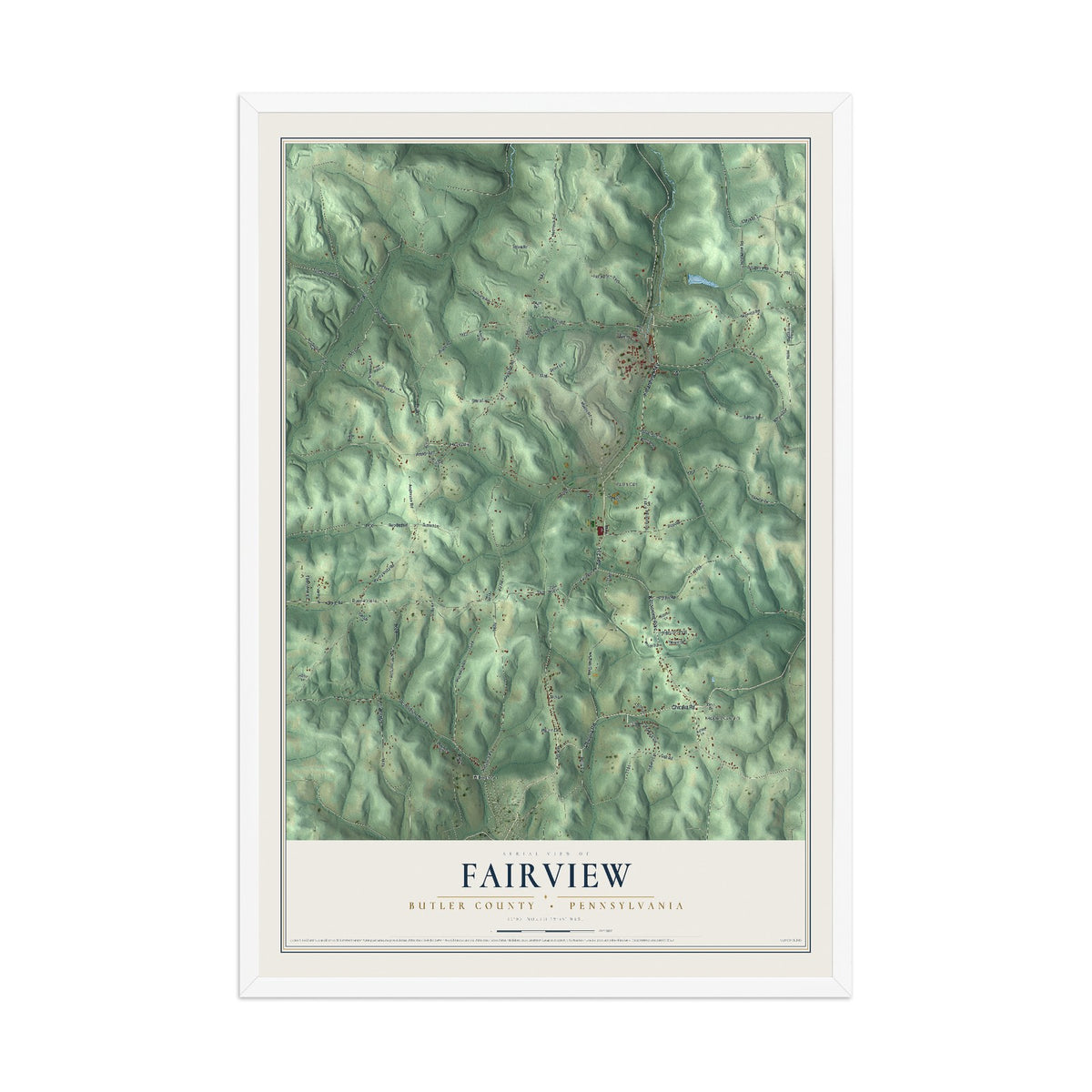Map of Fairview, Butler County, Pennsylvania, 12 x 18 inch print in a white wood frame