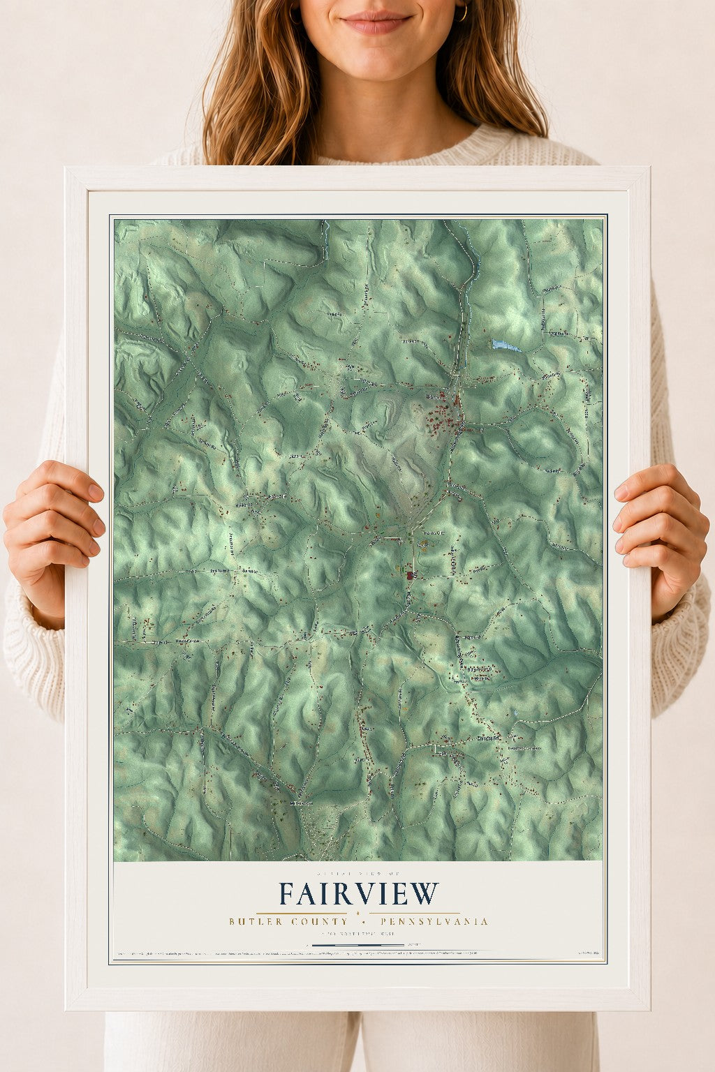 Map of Fairview, Butler County, Pennsylvania, 18 x 24 inch print in a white wood frame