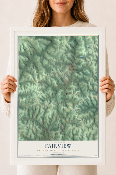 Map of Fairview, Butler County, Pennsylvania, 18 x 24 inch print in a white wood frame