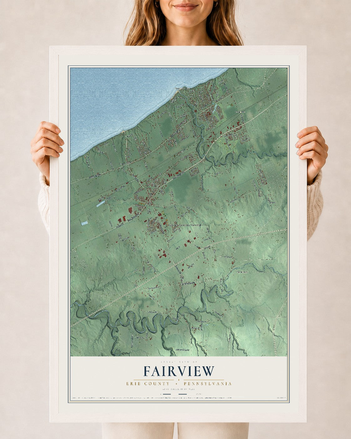 Map of Fairview, Erie County, Pennsylvania, 24 x 36 inch print in a white wood frame
