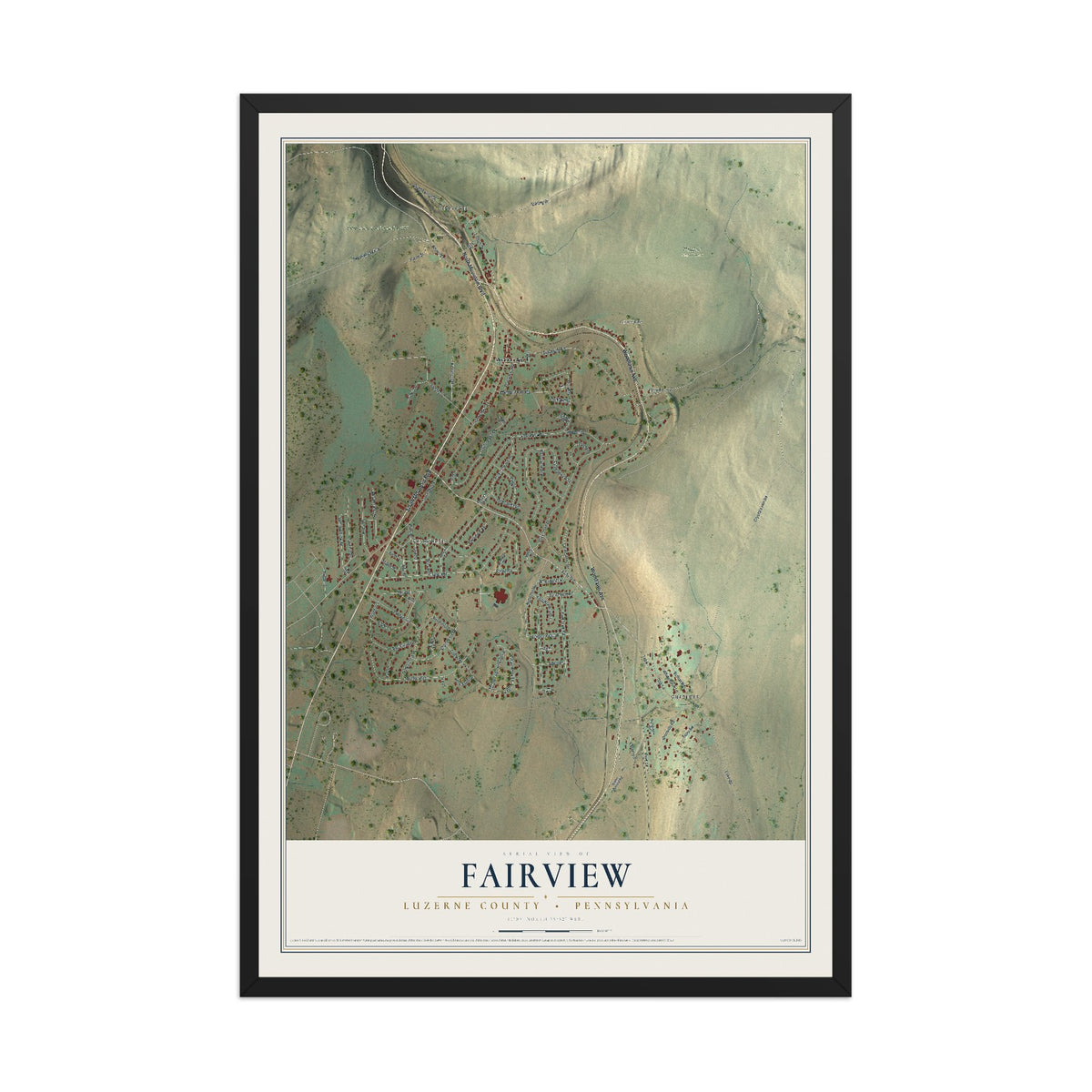 Map of Fairview, Luzerne County, Pennsylvania, 12 x 18 inch print in a black wood frame