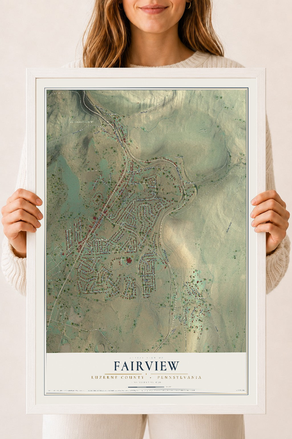Map of Fairview, Luzerne County, Pennsylvania, 18 x 24 inch print in a white wood frame