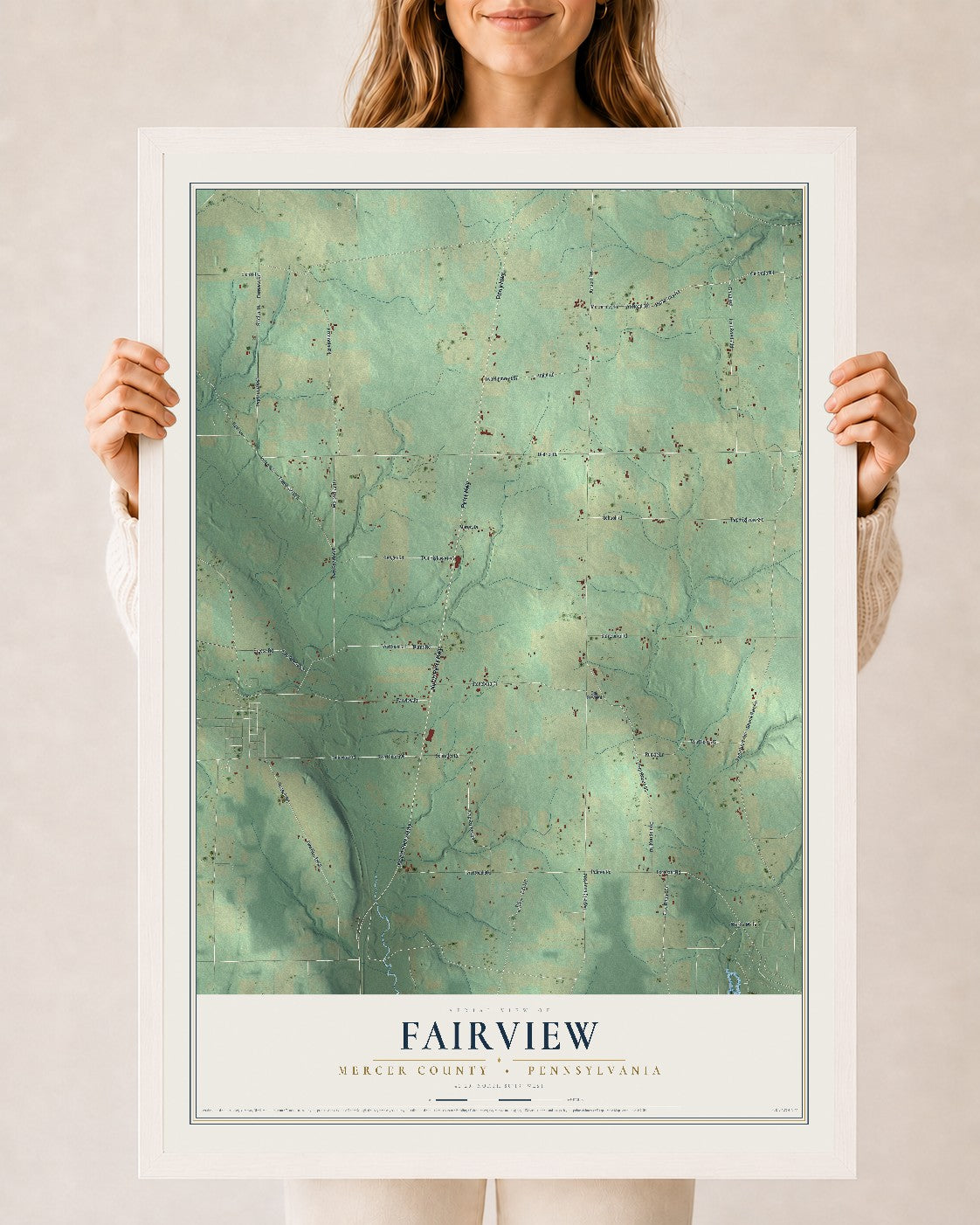 Map of Fairview, Mercer County, Pennsylvania, 24 x 36 inch print in a white wood frame
