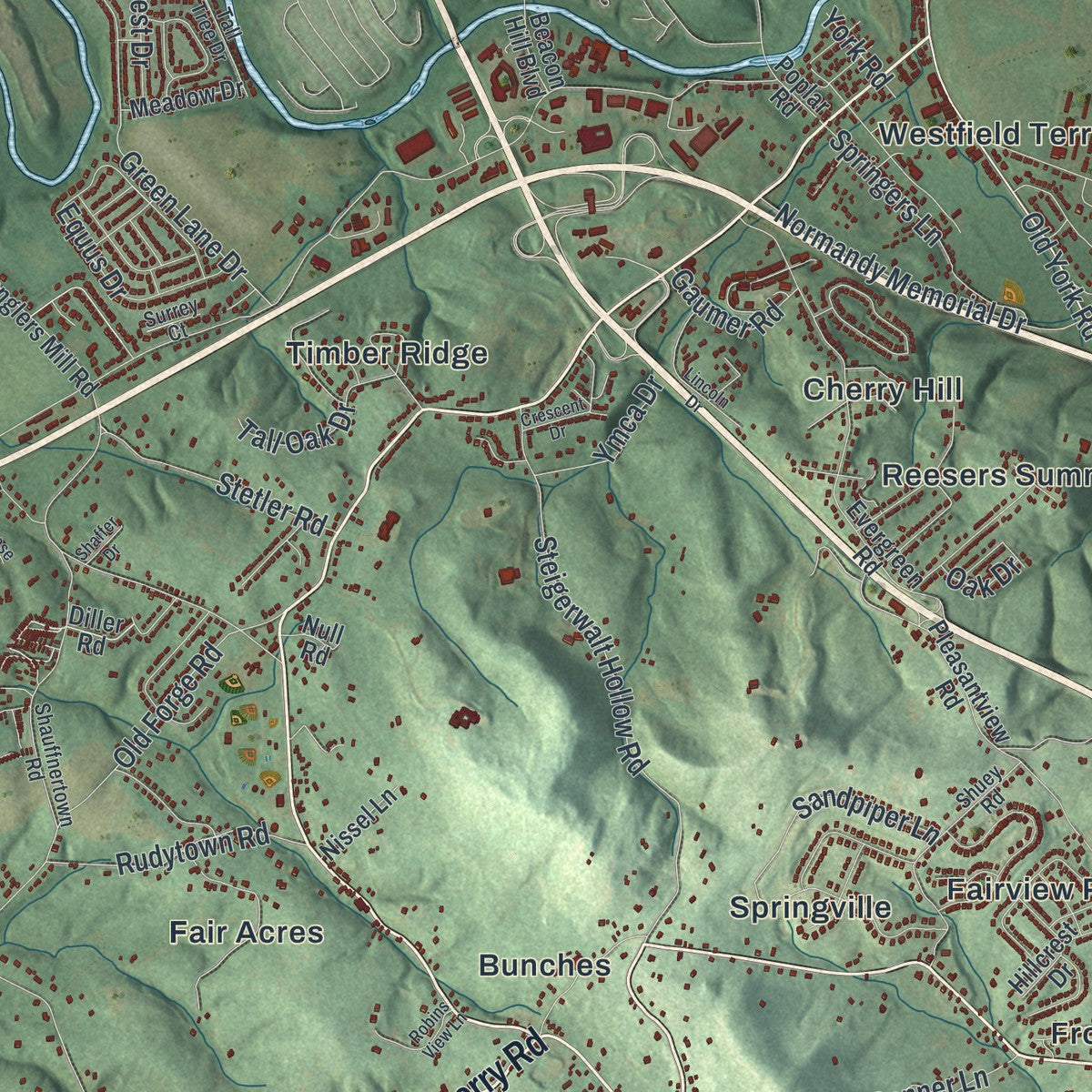 Close-up of the map of Fairview, York County, Pennsylvania print showing street and building detail