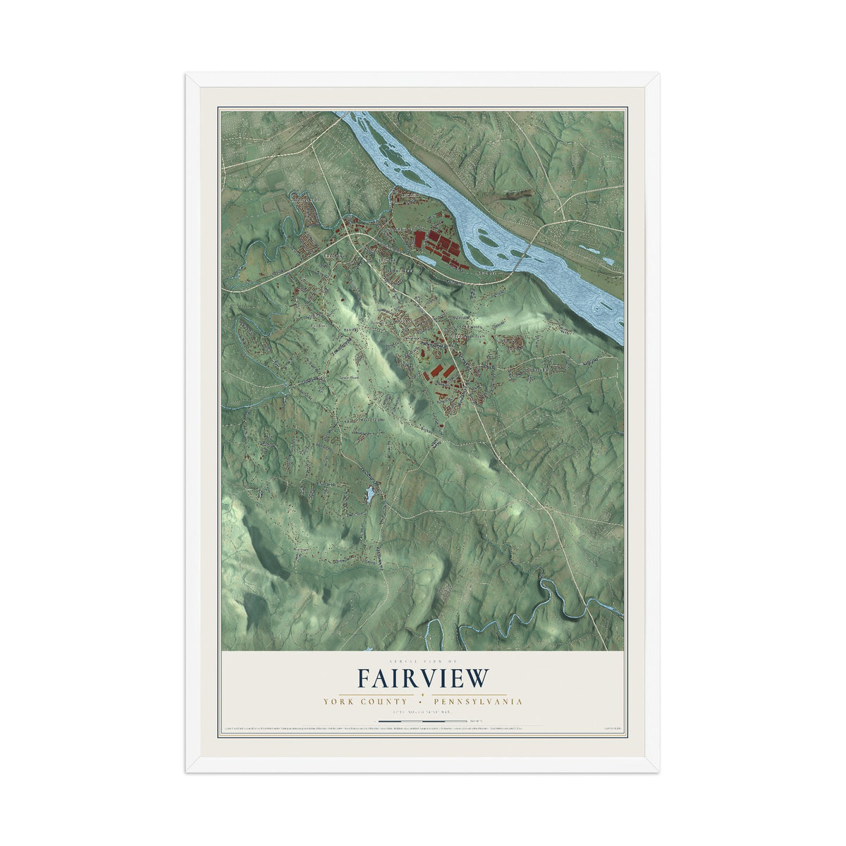 Map of Fairview, York County, Pennsylvania, 12 x 18 inch print in a white wood frame