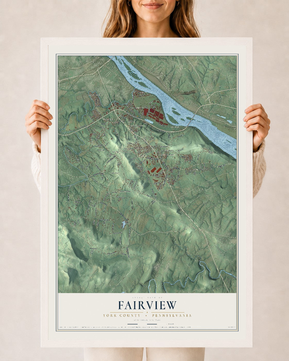 Map of Fairview, York County, Pennsylvania, 24 x 36 inch print in a white wood frame