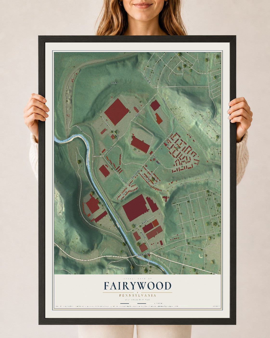 Map of Fairywood, Pennsylvania, 24 x 36 inch print in a black wood frame