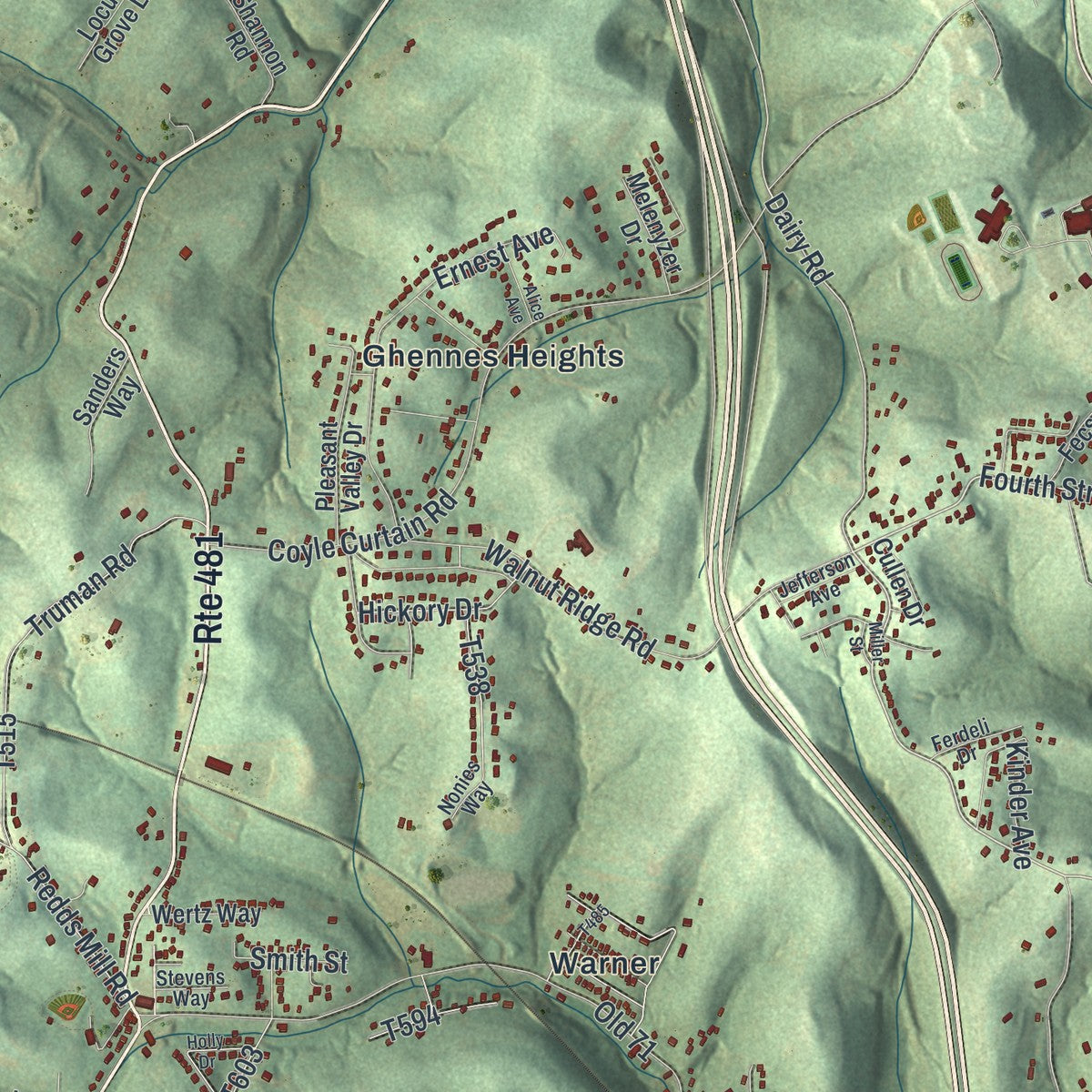 Close-up of the map of Fallowfield, Pennsylvania print showing street and building detail