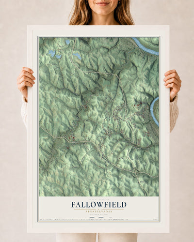 Map of Fallowfield, Pennsylvania, 24 x 36 inch print in a white wood frame