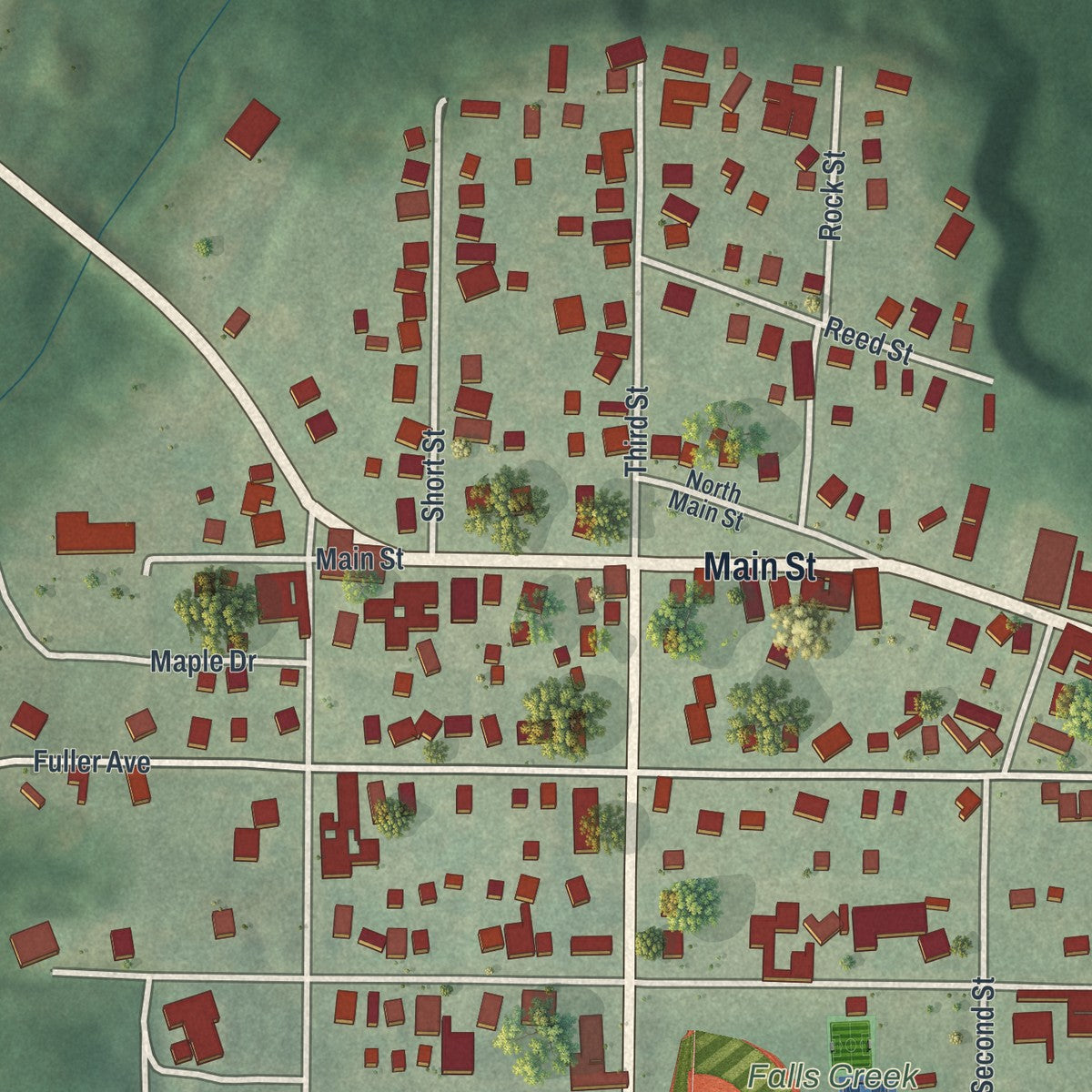 Close-up of the map of Falls Creek, Pennsylvania print showing street and building detail