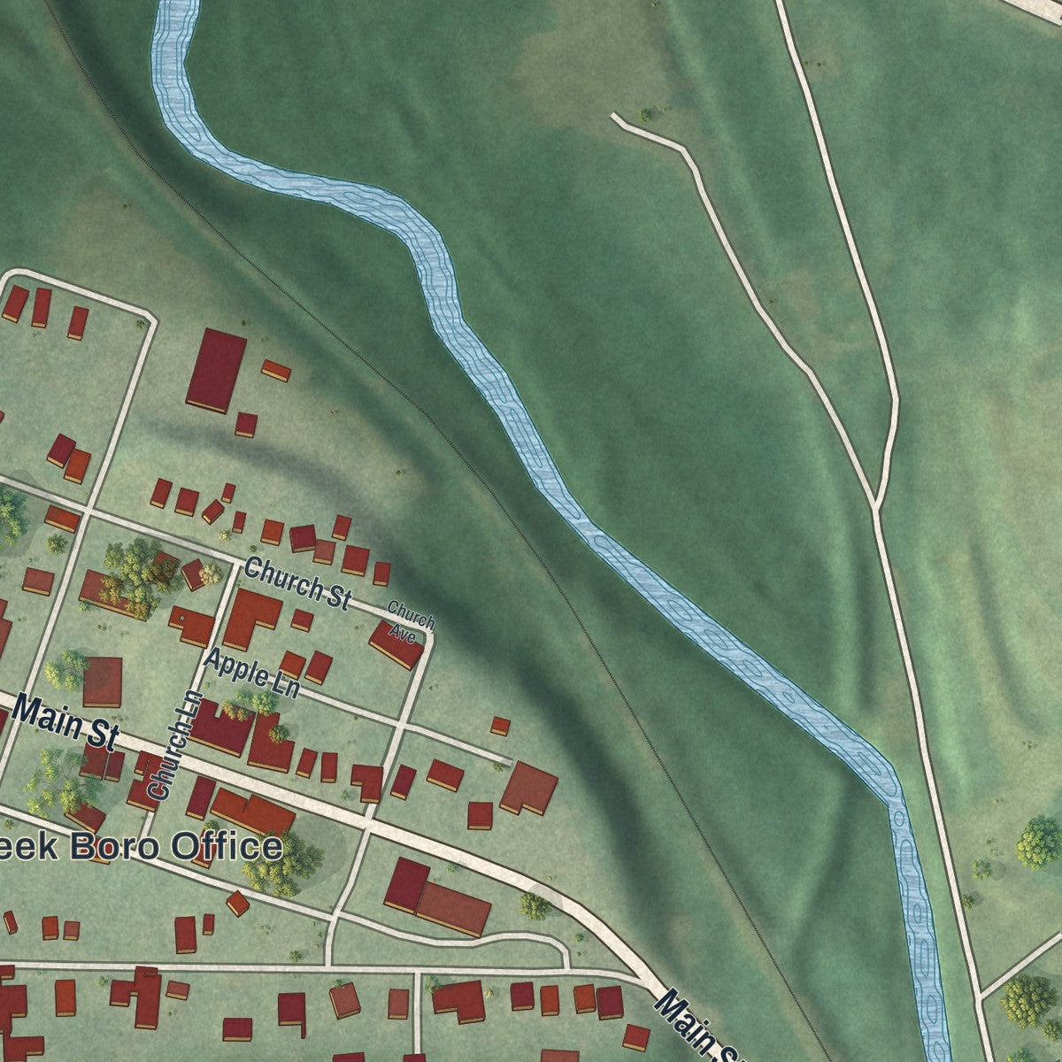 Second close-up of the map of Falls Creek, Pennsylvania print showing more streets and buildings