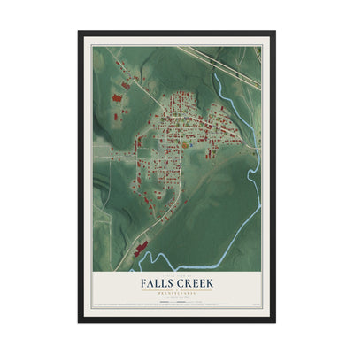 Map of Falls Creek, Pennsylvania, 12 x 18 inch print in a black wood frame