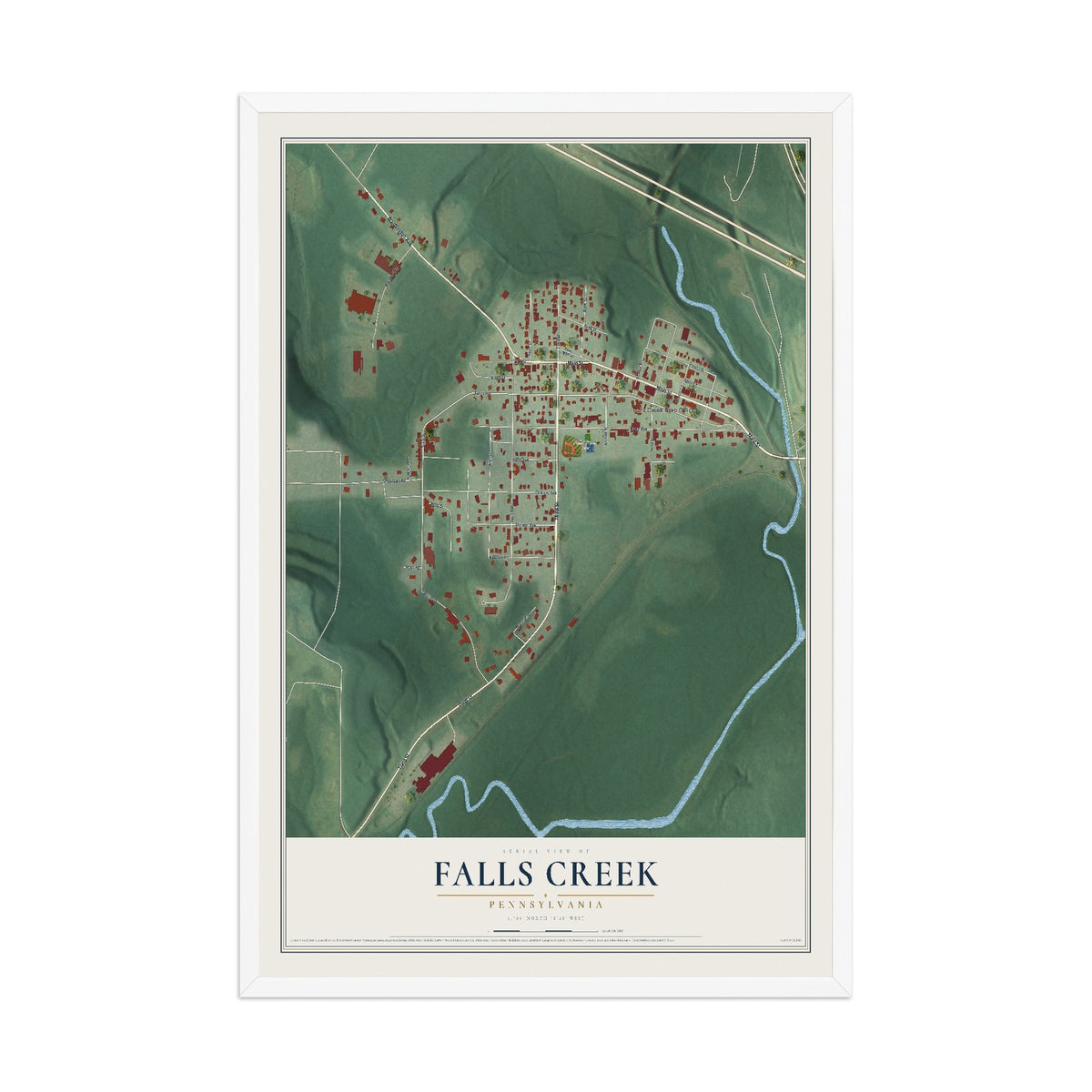 Map of Falls Creek, Pennsylvania, 12 x 18 inch print in a white wood frame