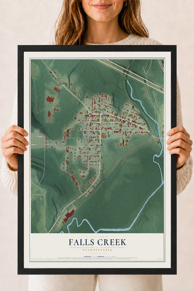 Map of Falls Creek, Pennsylvania, 18 x 24 inch print in a black wood frame