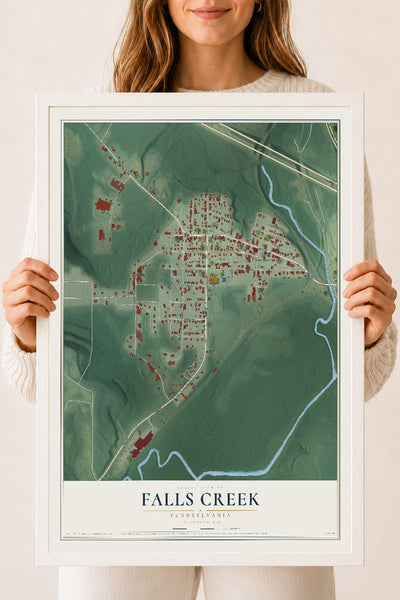 Map of Falls Creek, Pennsylvania, 18 x 24 inch print in a white wood frame