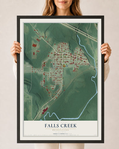 Map of Falls Creek, Pennsylvania, 24 x 36 inch print in a black wood frame
