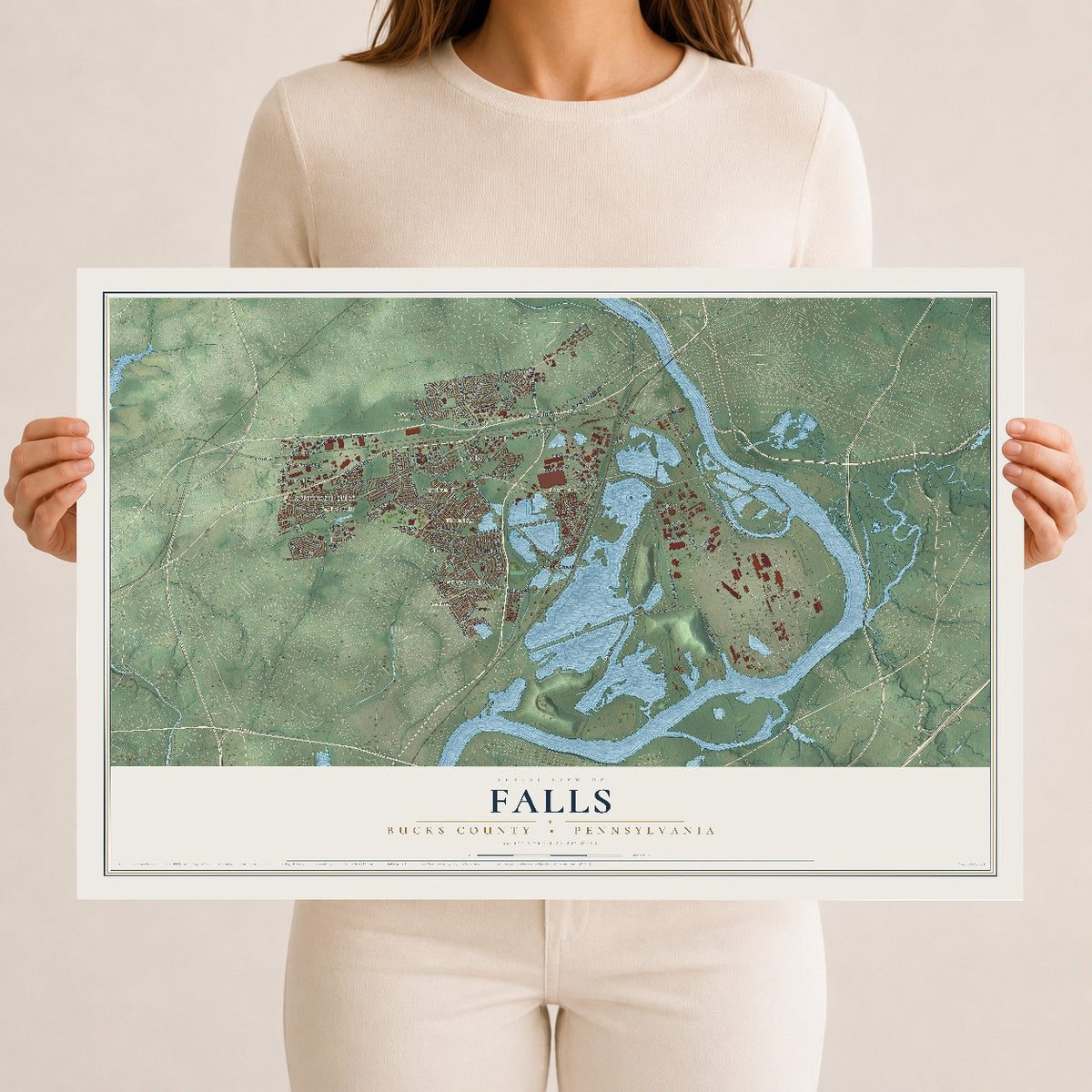 Map of Falls, Bucks County, Pennsylvania, 12 x 18 inch unframed archival matte print