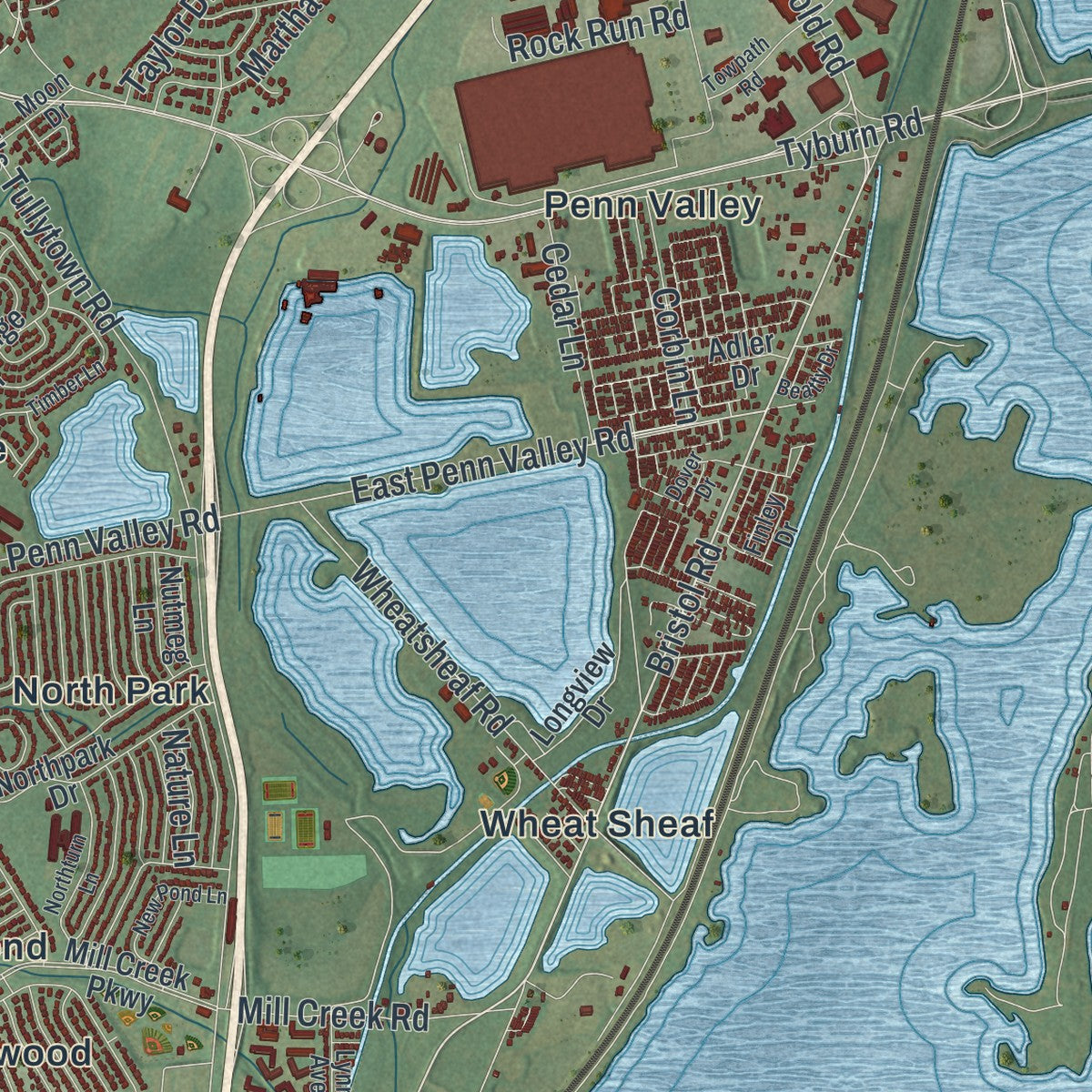 Close-up of the map of Falls, Bucks County, Pennsylvania print showing street and building detail