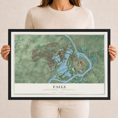 Map of Falls, Bucks County, Pennsylvania, 12 x 18 inch print in a black wood frame
