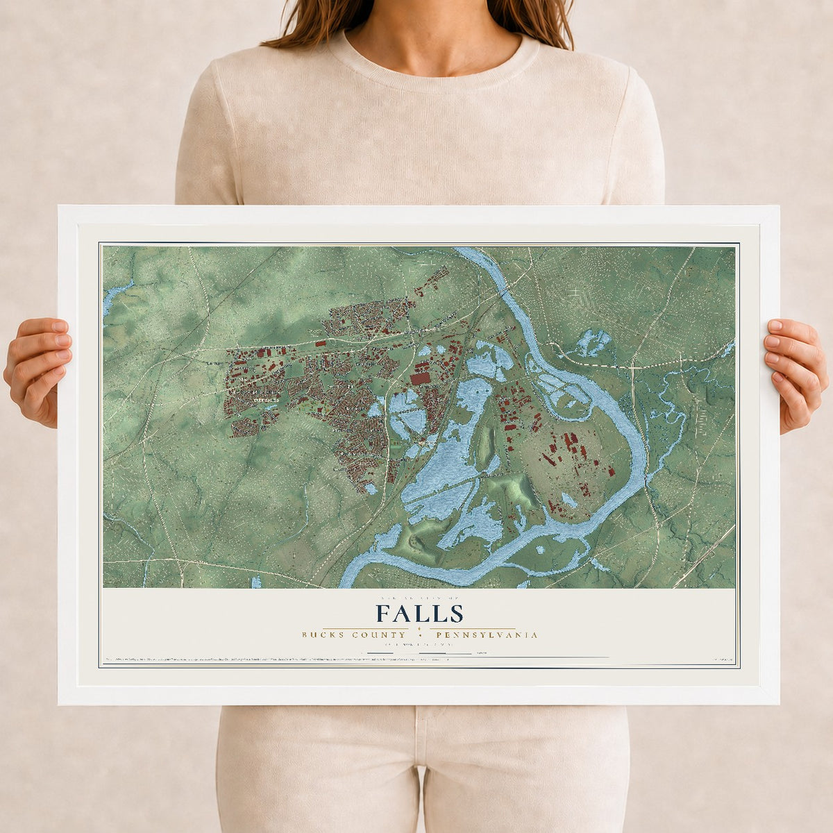 Map of Falls, Bucks County, Pennsylvania, 12 x 18 inch print in a white wood frame