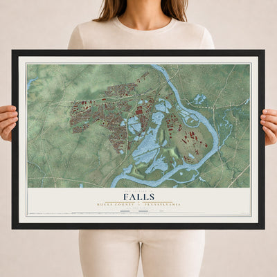 Map of Falls, Bucks County, Pennsylvania, 18 x 24 inch print in a black wood frame