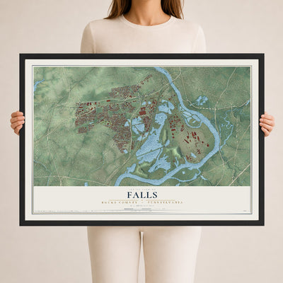 Map of Falls, Bucks County, Pennsylvania, 24 x 36 inch print in a black wood frame