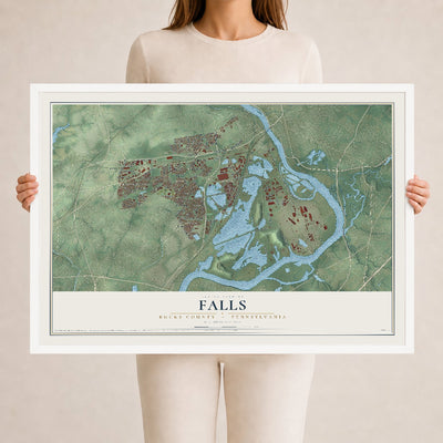 Map of Falls, Bucks County, Pennsylvania, 24 x 36 inch print in a white wood frame