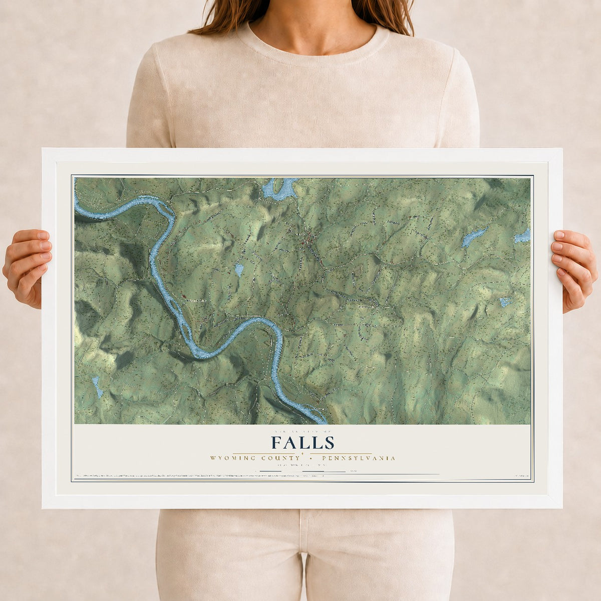 Map of Falls, Wyoming County, Pennsylvania, 12 x 18 inch print in a white wood frame