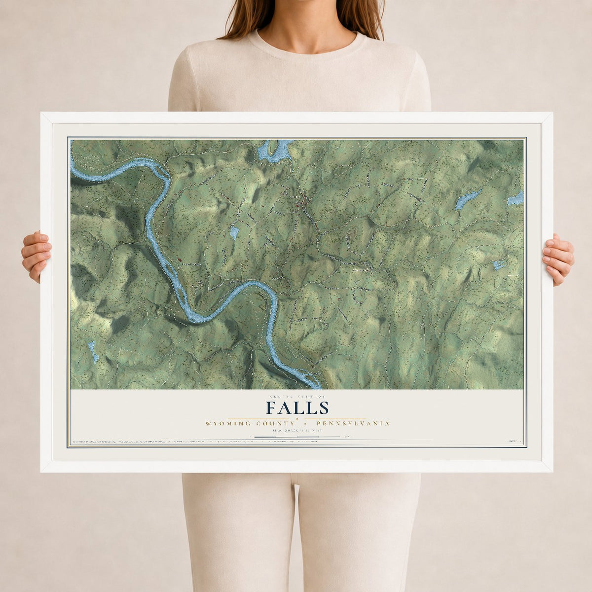 Map of Falls, Wyoming County, Pennsylvania, 24 x 36 inch print in a white wood frame