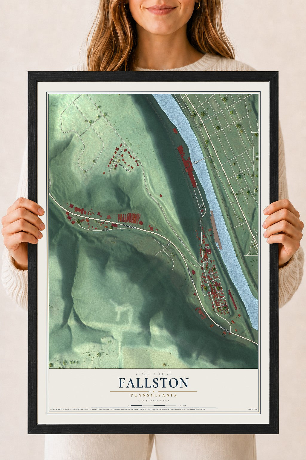 Map of Fallston, Pennsylvania, 18 x 24 inch print in a black wood frame
