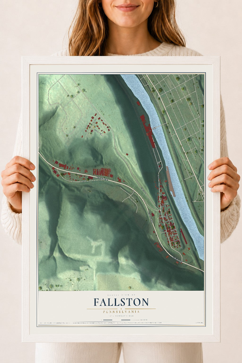 Map of Fallston, Pennsylvania, 18 x 24 inch print in a white wood frame