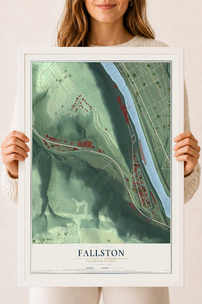 Map of Fallston, Pennsylvania, 18 x 24 inch print in a white wood frame