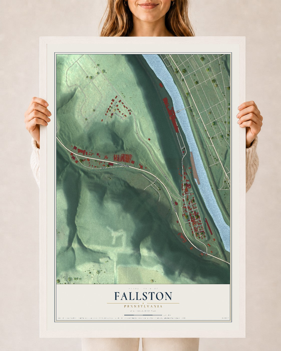 Map of Fallston, Pennsylvania, 24 x 36 inch print in a white wood frame