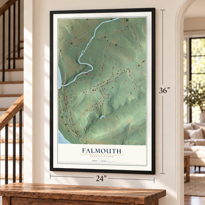 Falmouth, Pennsylvania map, 24 x 36 inch print in a black frame by a staircase