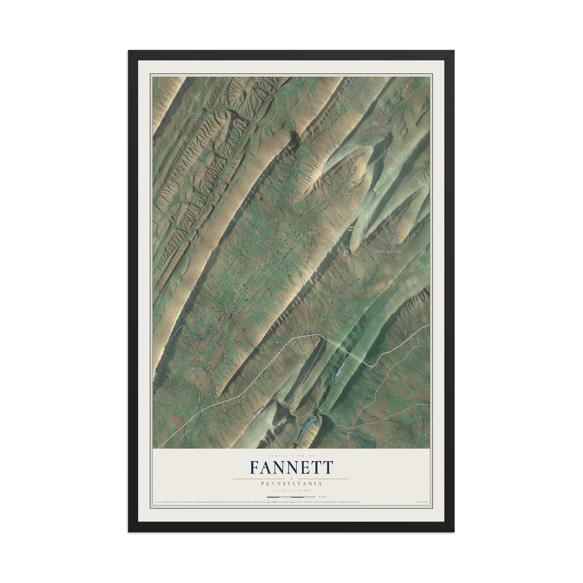 Map of Fannett, Pennsylvania, 12 x 18 inch print in a black wood frame
