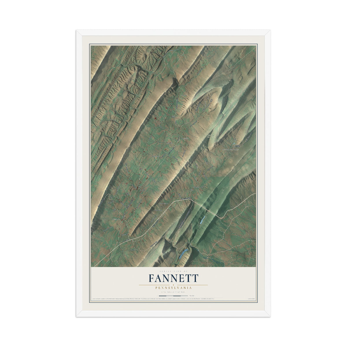 Map of Fannett, Pennsylvania, 12 x 18 inch print in a white wood frame