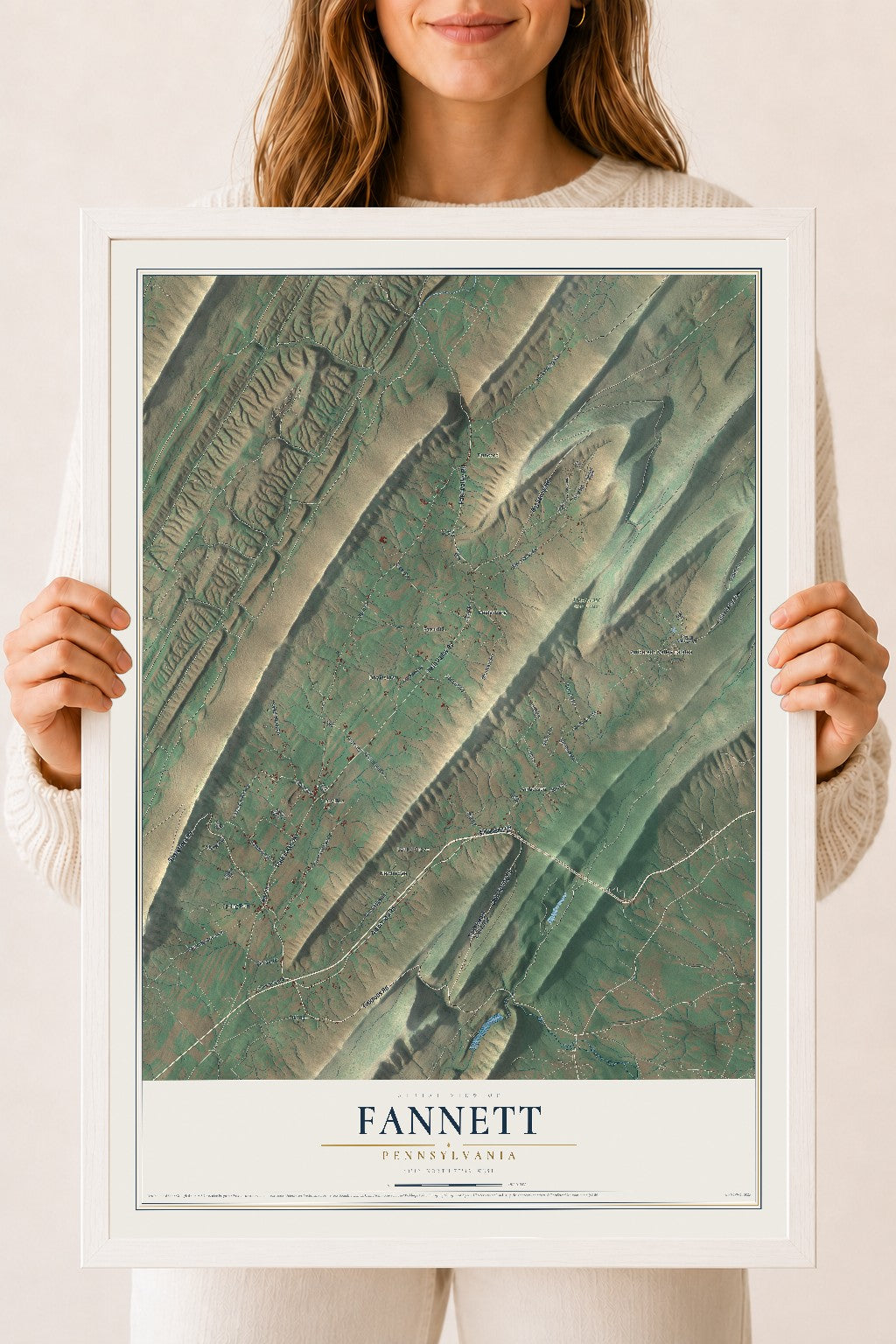 Map of Fannett, Pennsylvania, 18 x 24 inch print in a white wood frame
