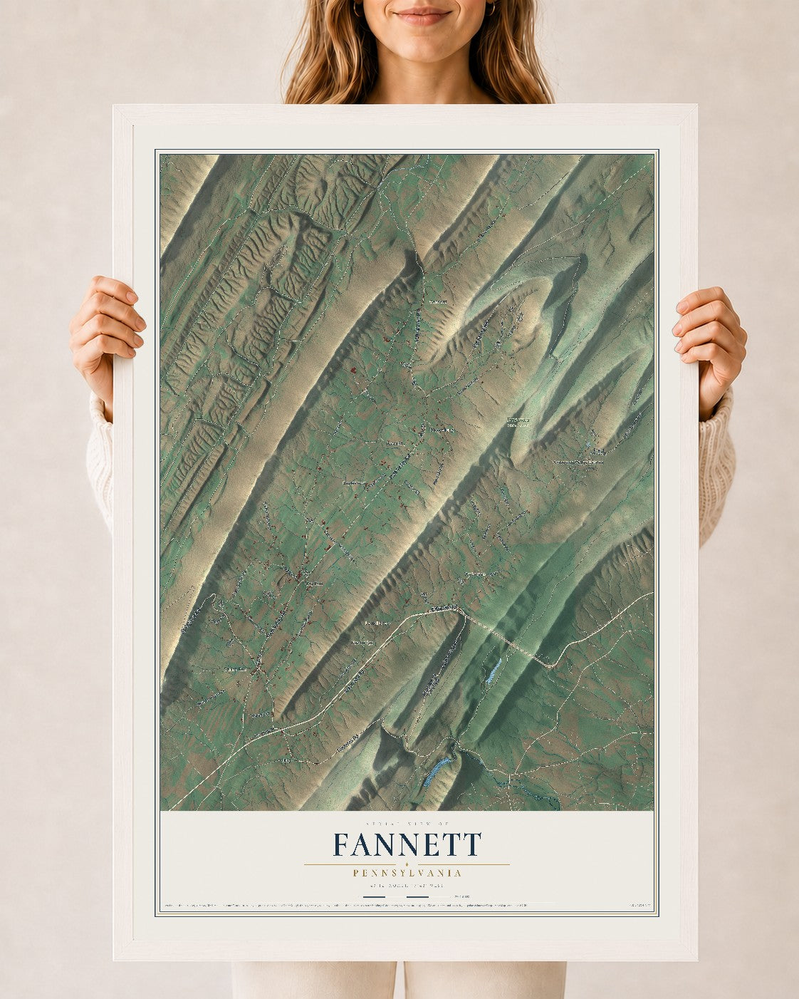 Map of Fannett, Pennsylvania, 24 x 36 inch print in a white wood frame
