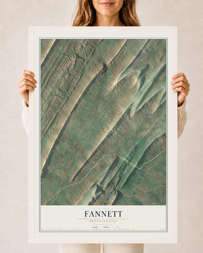 Map of Fannett, Pennsylvania, 24 x 36 inch print in a white wood frame