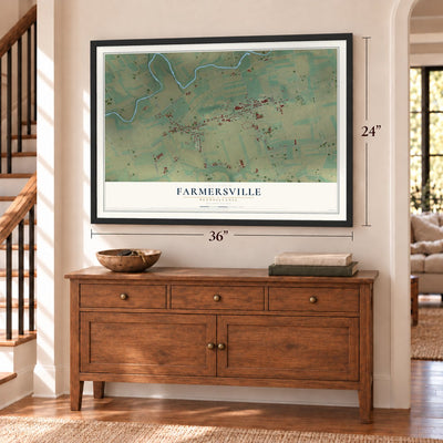 Farmersville, Pennsylvania map, 24 x 36 inch print in a black frame above a dresser by a staircase